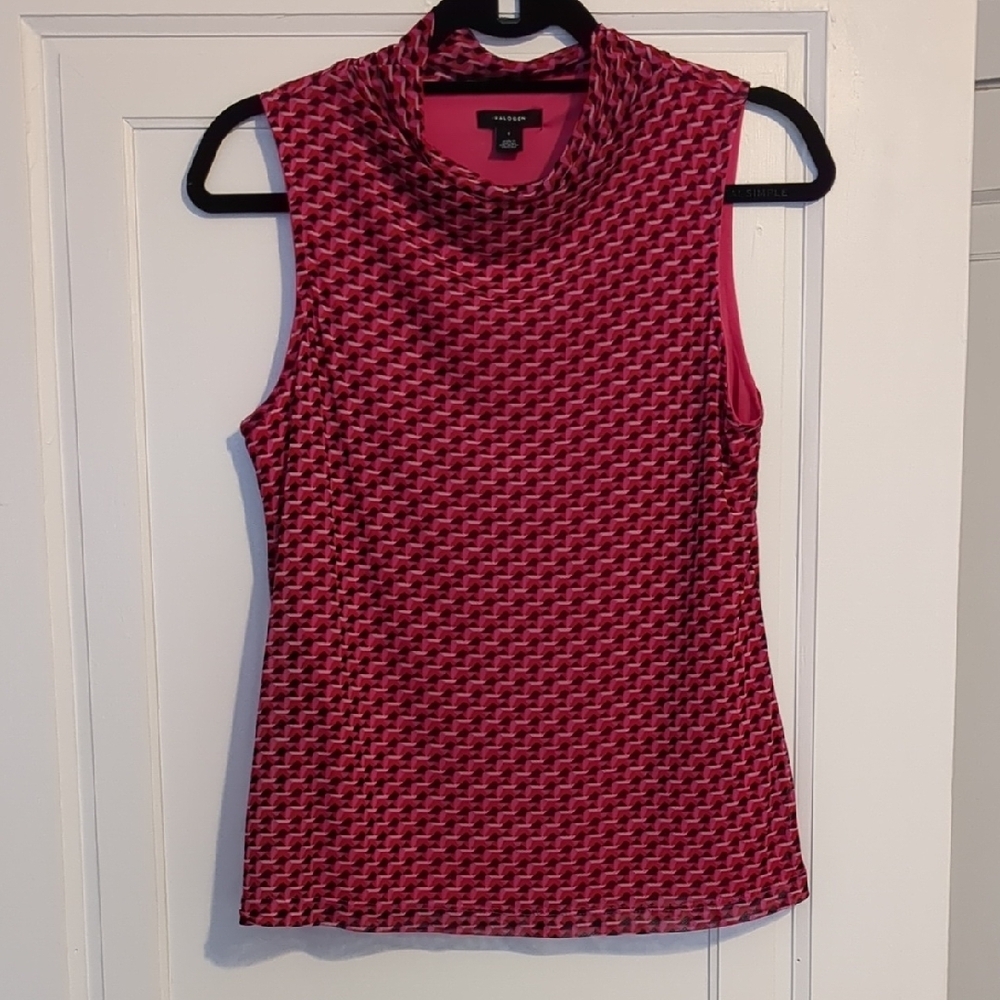 Halogen Mesh Overlay Cowl Neck Turtleneck Geometric Pink Black Sleeveless Top